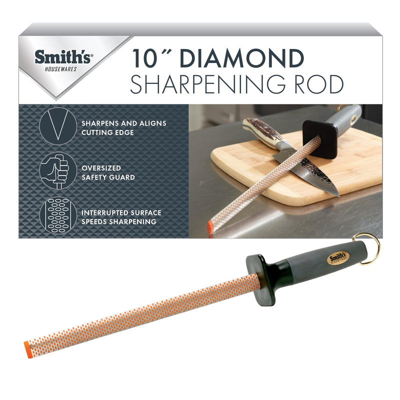 Smith’s 3001 10” Oval Diamond Sharpening Steel Rod – Grey – Oval Design – Rubber Grip Handle – Plastic Sharpening Tip