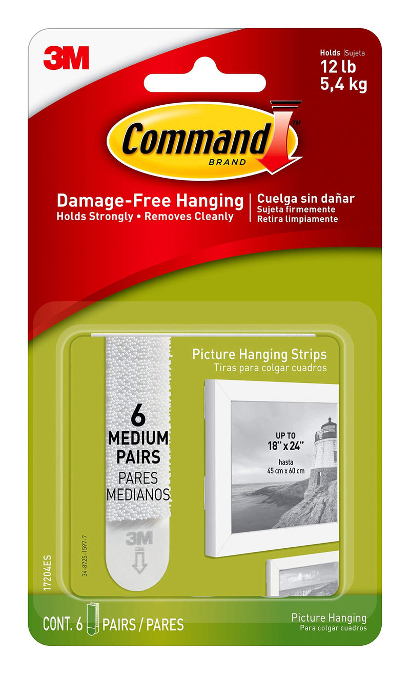 Command Medium Picture Hanging Strips, Damage Free Hanging Picture Hangers, No Tools Wall Hanging Strips for Living Spaces, 6 White Adhesive Strip Pairs