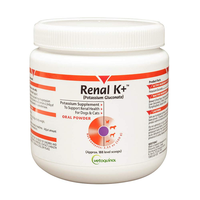 Vetoquinol Renal K+ (Potassium Gluconate) Potassium Supplement Powder for Dogs and Cats, 3.5oz