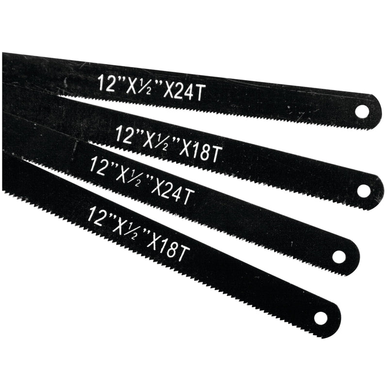 Performance Tool W741C High Carbon Steel Saw Blades - 4 Pack, 18 and 24 Teeth Per-Inch, 12-Inch Length for Efficient Cutting 12" Hacksaw Blades (4pc)