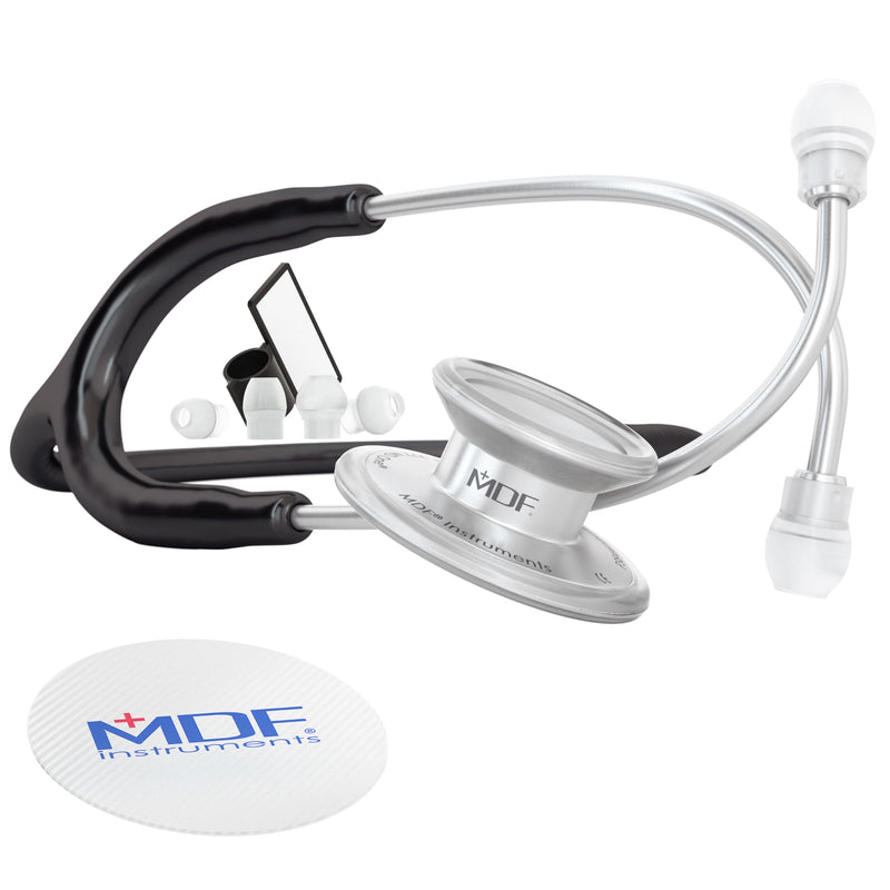 MDF Instruments, MD One Stainless Steel Stethoscope, Adult, Black Tube, Silver Chestpieces-Headset, MDF77711