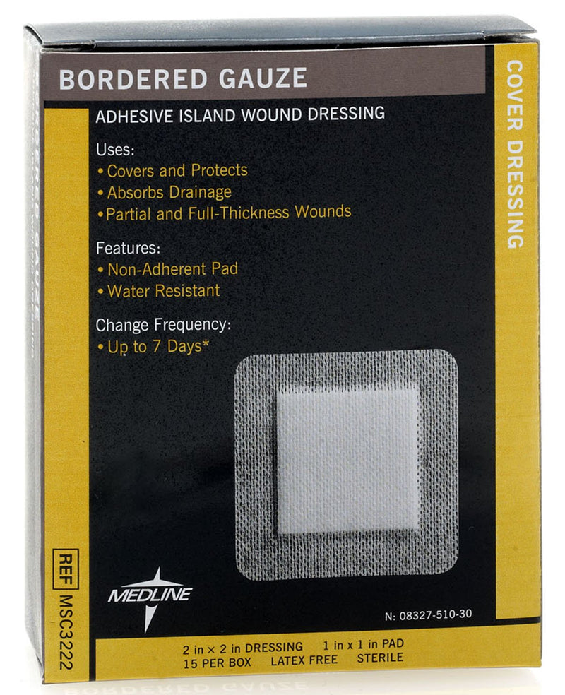 Medline Bordered Gauze, 2" x 2" Adhesive Island Wound Dressing, Sterile, 15 Count 2" x 2" (15 Count)