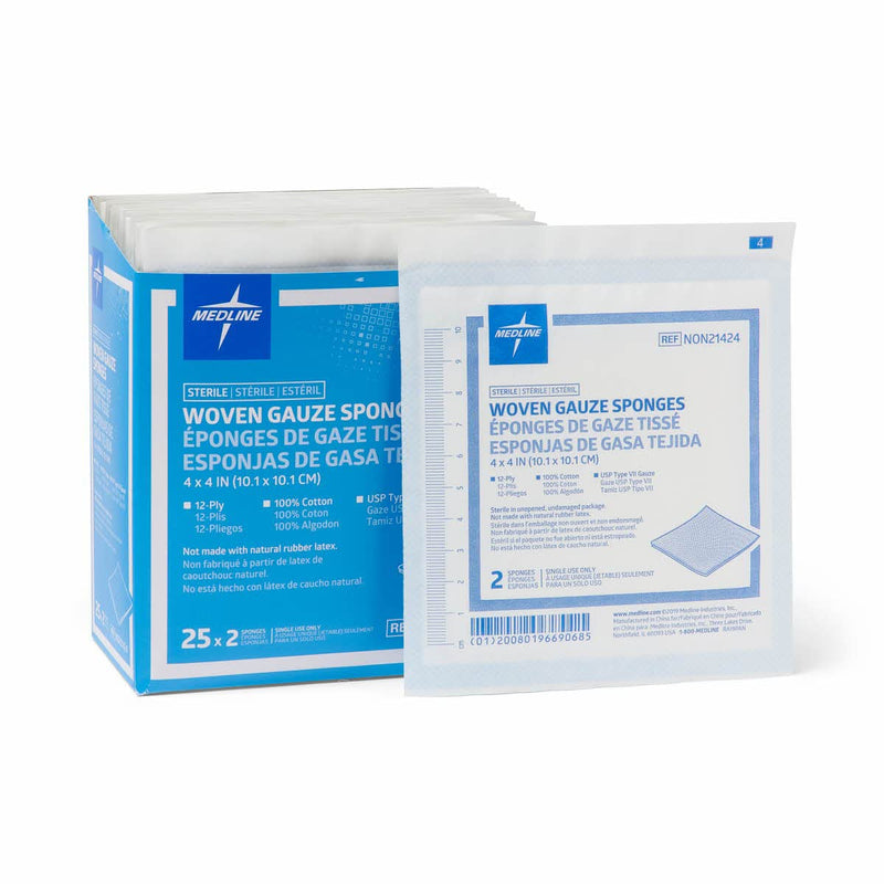 Medline Woven Gauze Sponges, Sterile, 12-Ply, 4 x 4 Inches, Box of 50 4 x 4 Inch (50 Count)