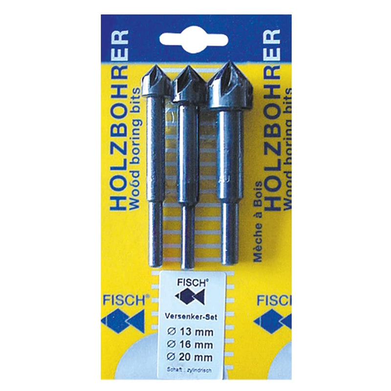 Fisch Countersink Bit Drill Tool - Steel Counter, Cylindrical Shank Design, Industrial Grade, High Speed Steel Twist, Soft & Hard Wood, 90 Degree Bits, Made in Austria - 1/2, 5/8, 3/4 in 3 Pcs 3 Pcs. Set Inc. (1/2 in, 5/8 in, 3/4 in)