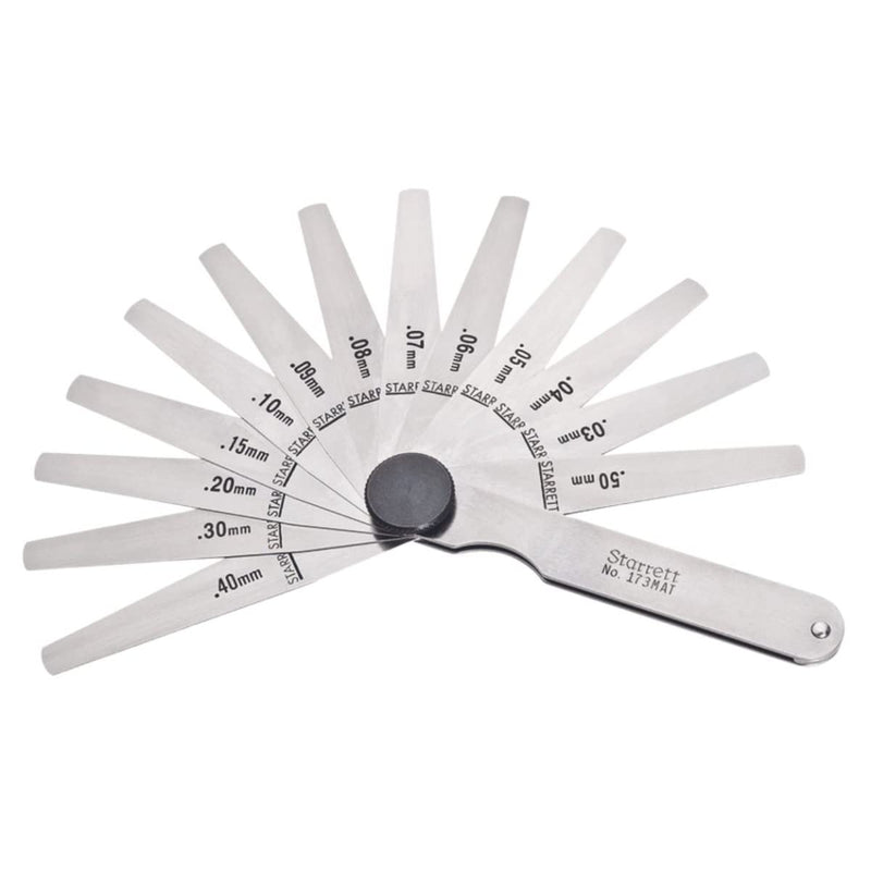 Starrett Tempered Steel Metric Thickness Gage with Tapered Leaves, Locking Device, Rugged and Substanial Steel Case - 0.03-0.50mm Thickness, 13 Leaves - 173MAT