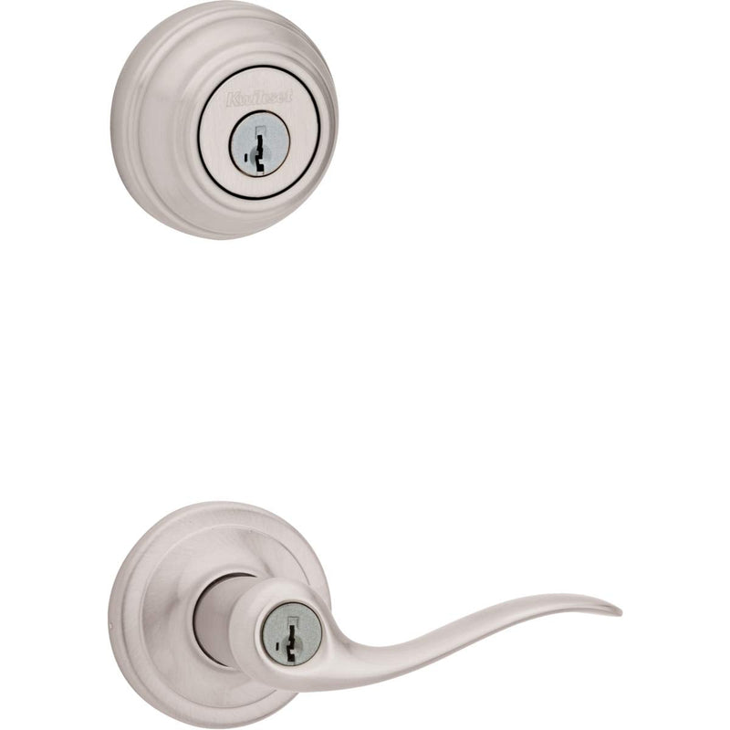 Kwikset 991 Tustin Entry Lever and Single Cylinder Deadbolt Combo Pack featuring SmartKey in Satin Nickel, Model Number: 99910-040 Combo Pack (Pack of 1) Reversible