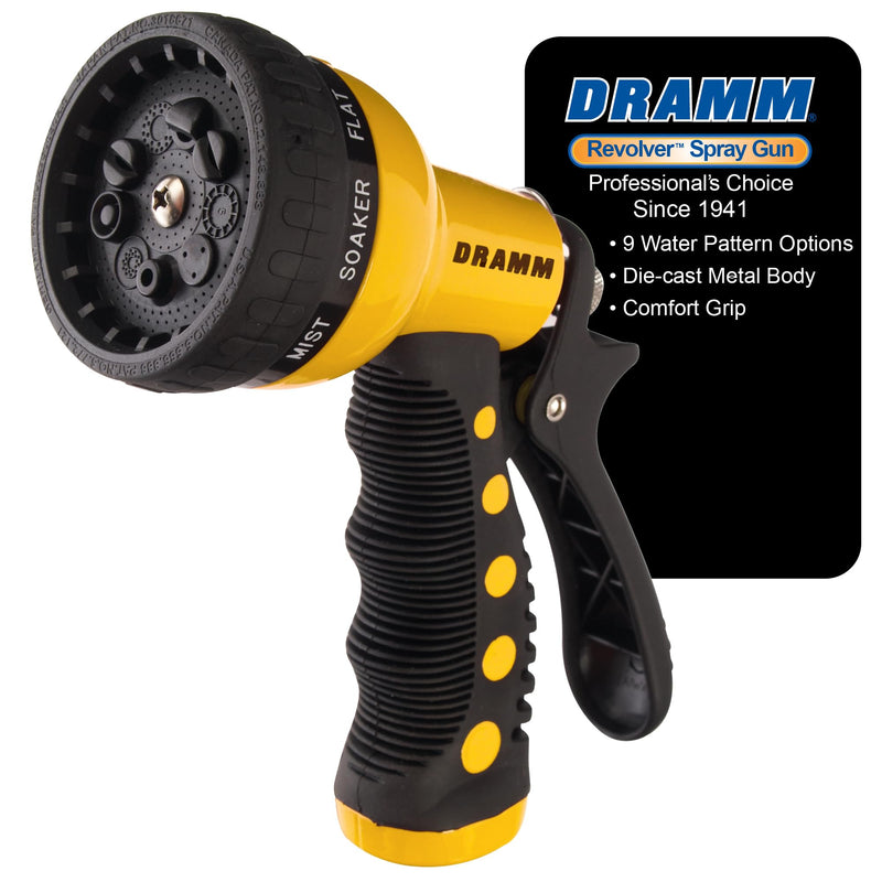 Dramm Revolver Heavy Duty Metal Garden Hose Nozzle – 9 Spray Patterns, High Pressure Jet, Thumb-Control Flow, Ergonomic Grip – Yellow No Size (Single) 9-Pattern Revolver