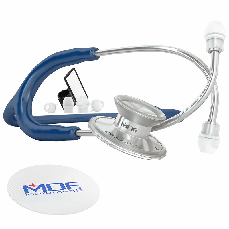 MDF Instruments, Acoustica Lightweight Stethoscope for Doctors, Nurses, Students, Home Health Use, Adult, Dual Head, Navy Blue Tube, Silver Chestpiece-Headset, MDF747XP04 Silver - Navy Blue