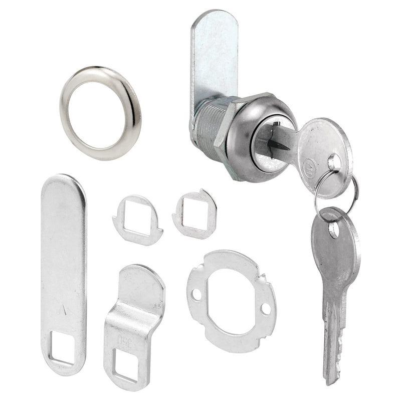 Prime-Line U 9941 Diecast Drawer and Cabinet Lock, 3 Cams, Trim Collar, 2 Washers, 2 Keys and Fasteners, 5/8” Length for 5/16” Max Panel Thickness, Stainless Steel (Set of 1) Keyed Different