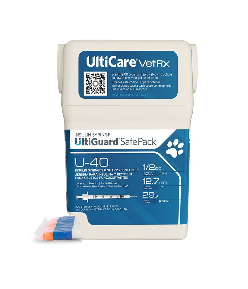 UltiCare VetRx U-40 UltiGuard Safe Pack Pet Insulin Syringes 1/2cc, 29G x 1/2", 100 ct