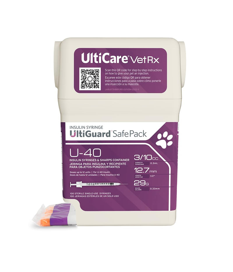 UltiCare VetRx U-40 UltiGuard Safe Pack Pet Insulin Syringes 3/10cc, 29G x 1/2", 100ct