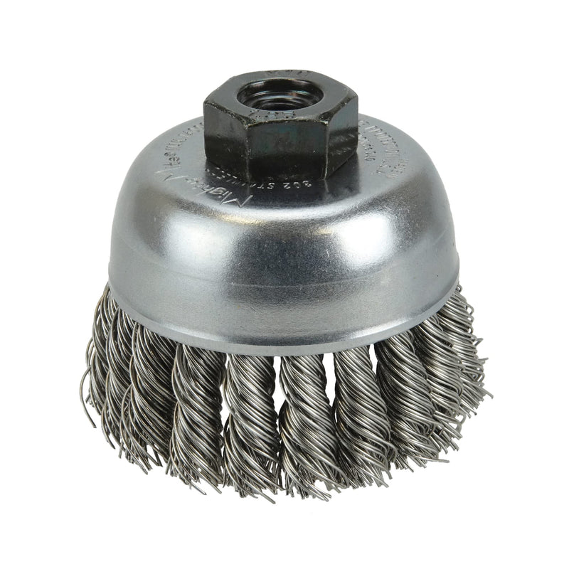 Weiler 13253 2-3/4" Single Row Knot Wire Cup Brush, .020" Stainless Steel Fill, M10X1.25 Nut, Made in the USA