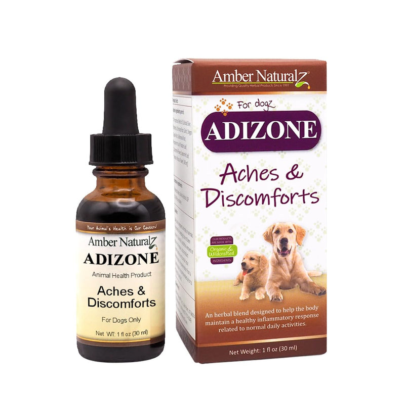 Amber NaturalZ Adizone Herbal Supplement for Dogs | Canine Herbal Supplement for Occasional Soreness, Stiffness, Aches and Discomfort | 1 Fluid Ounce Glass Bottle | Manufactured in The USA 1 Ounce - PawsPlanet Australia