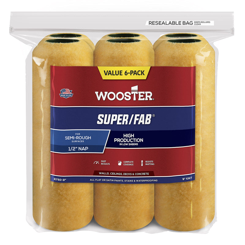 Wooster Brush R750-9 Super/Fab Roller Cover, 1/2-Inch Nap, 6-Pack , 9-Inch 9" Yellow