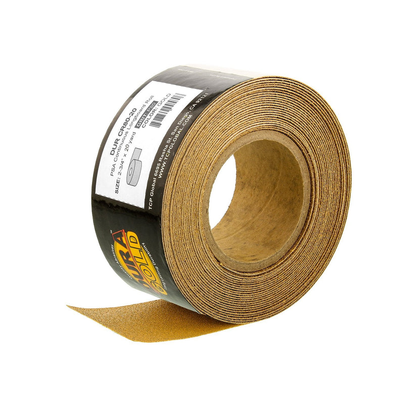 Dura-Gold Premium 80 Grit Gold PSA Longboard Sandpaper 20 Yard Long Continuous Roll, 2-3/4" Wide - Self Adhesive Stickyback Sandpaper for Automotive, Woodworking, Air File Sanders, Hand Sanding Blocks 80-Grit