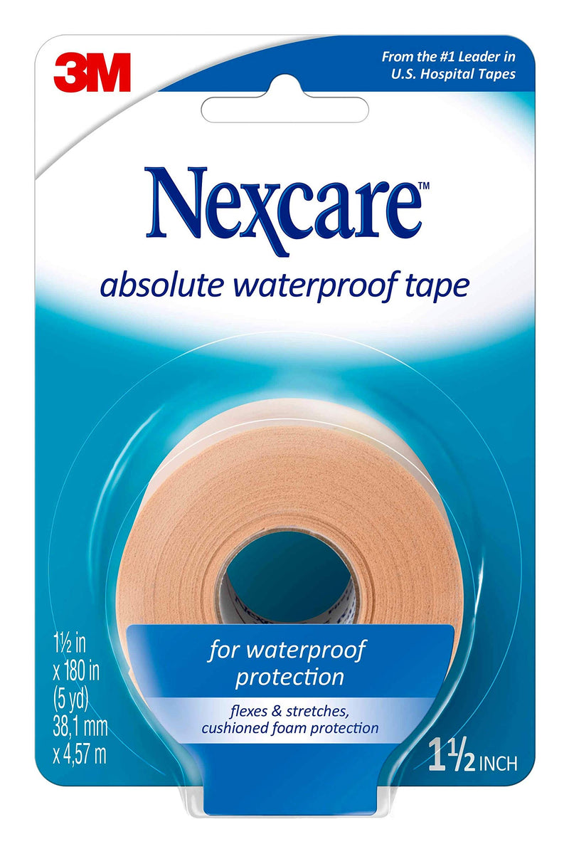 Nexcare Absolute Waterproof Tape, Flexible Foam Medical Tape, Secures Dressing and Keeps Wounds Dry - 1.5 in x 5 yds, 1 Roll of Tape