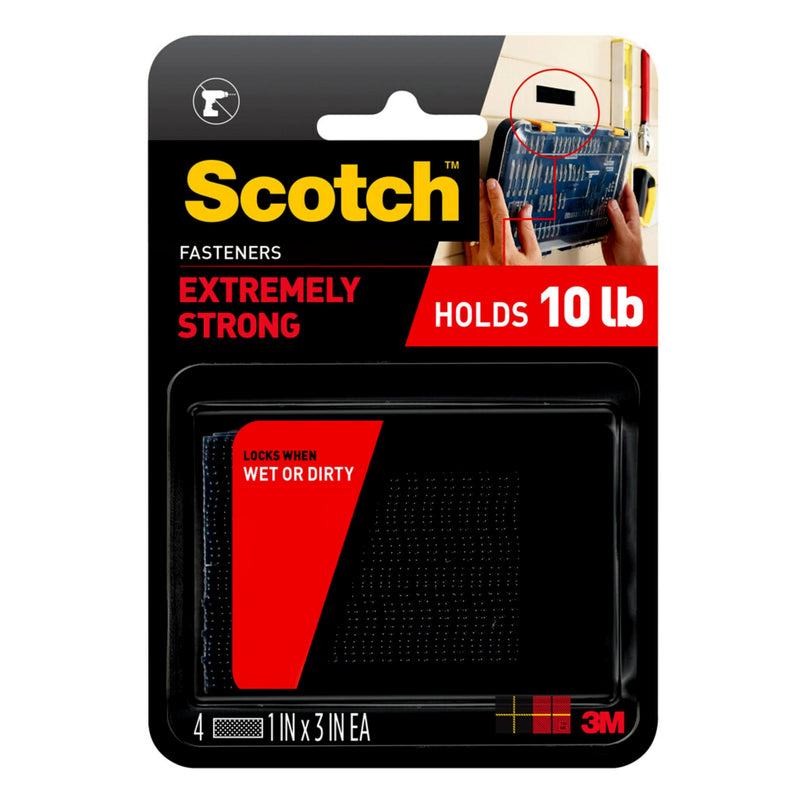 Scotch Extreme Interlocking Fasteners, 4 Strips, 1" x 3", Delivers Powerful Bond on Contact, Weather, Dirt & UV Resistant, 1 Set Holds 2 lbs., Designed with Reclosable Dual-Lock Technology (RF6731) Black 1"x3" 2 sets