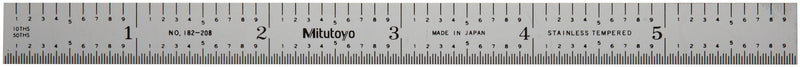 Mitutoyo 182-208, Steel Rule, 6"/150mm, (1/10", 1/50", 1mm, 1/2mm), 1/64" Thick X 1/2" Wide, Satin Chrome Finish Tempered Stainless Steel | 1/10", 1/50", 1mm, 1/2mm Graduations, Satin Chrome Finish, Tempered Stainless Steel