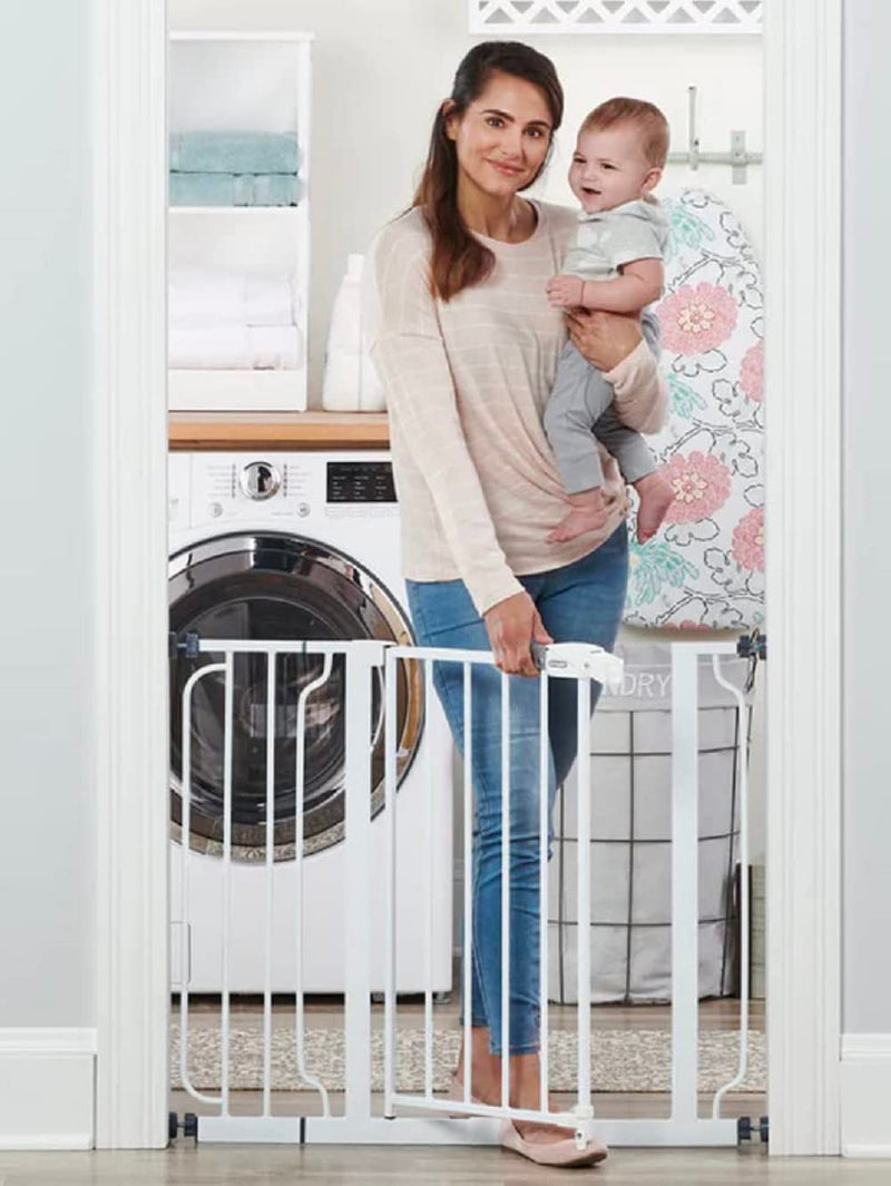 Regalo Safety 29-38.5" Baby Gate for Doorways & Bottom of Stairs, Pressure Mounted Baby Gate with Door for Babies, Toddlers & Pets, Tested & Safe for 30 Years, American Designed, American Owned, White 29-38.5"W x 30"H