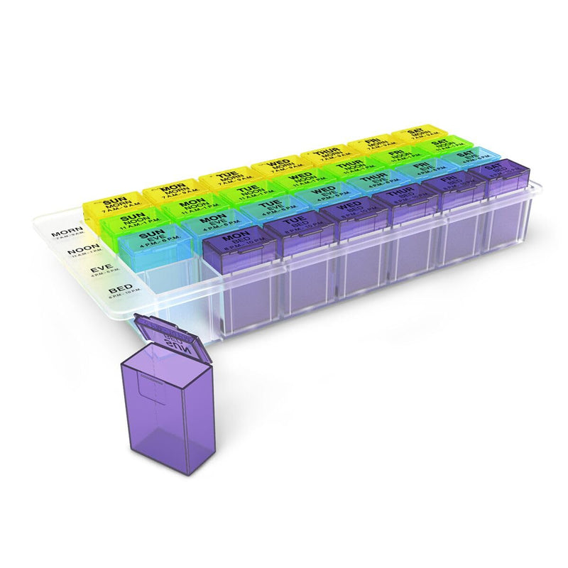 EZY DOSE Weekly (7-Day)Pill Case, Medicine Planner, Vitamin Organizer Box, Detachable Compartments, Easy to Use, Rainbow Colors, 4 Times a Day, BPA Free