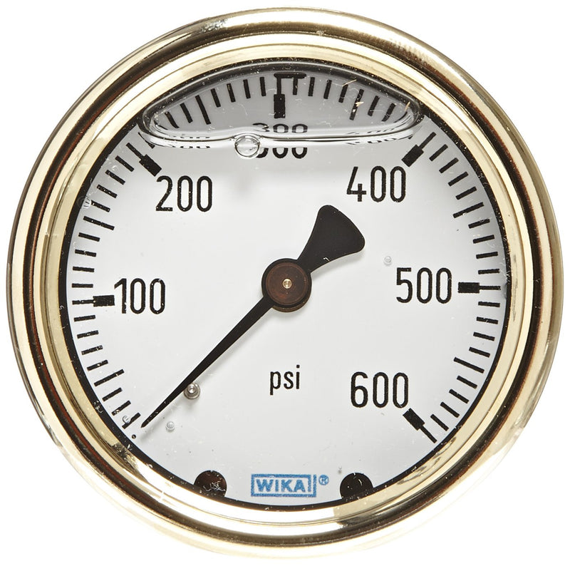 WIKA 9318224 Industrial Pressure Gauge, Liquid-Filled, Copper Alloy Wetted Parts, 2-1/2" Dial, 0-600 psi Range, +/- 2/1/2% Accuracy, 1/4" Male NPT Connection, Center Back Mount