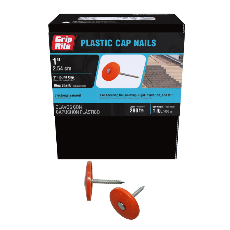 Grip-Rite 1PRCAP1, #12 x 1 Plastic Cap Roofing Nail, Electrogalvanized, Diamond Point Ring Shank, 1lb Box