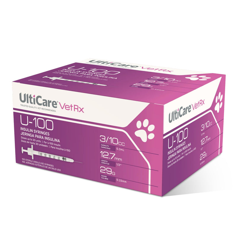 UltiCare VetRx U-100 Pet Insulin Syringes, Comfortable and Accurate Dosing of Insulin for Pets, Compatible with Any U-100 Strength Insulin, Size: 3/10cc, 29G x 1/2’’, 100 ct Box - PawsPlanet Australia