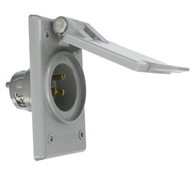 Leviton 5278-CWP Straight Blade Flanged Male Power Inlet Receptacle, 15 A, 125 V, Nylon Face, Body And Strap , gray