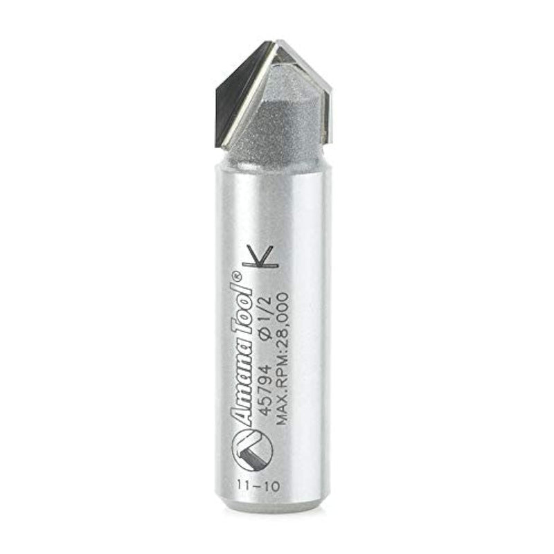 Amana Tool - 45794 Carbide Tipped Double Edge Folding V-Groove 90 Deg x 0.090" Tip Wid 3/8 CH x 1/2 D x 1/2 Inch