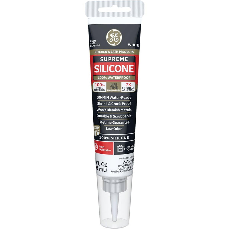 GE Supreme 100% Silicone 30 Min. Water-Ready caulk, 2.8 oz tube, White