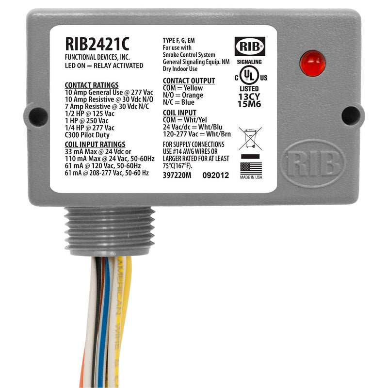 Functional Devices RIB2421C Pilot Relay, 10 Amp SPDT, 24 Vac/dc/120-277 Vac Coil, NEMA 1 Housing