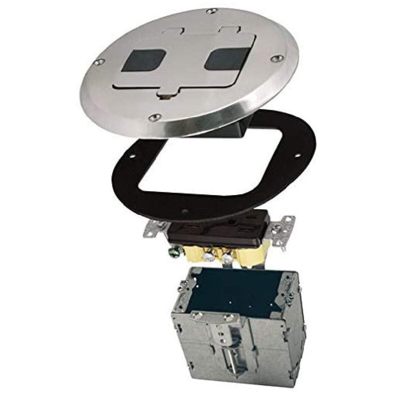 RACO 6239NI Floor Kit with Recessed Duplex 15A TR Device and Adjustable Steel Box, 1-Gang, Nickel Floor Box Kit
