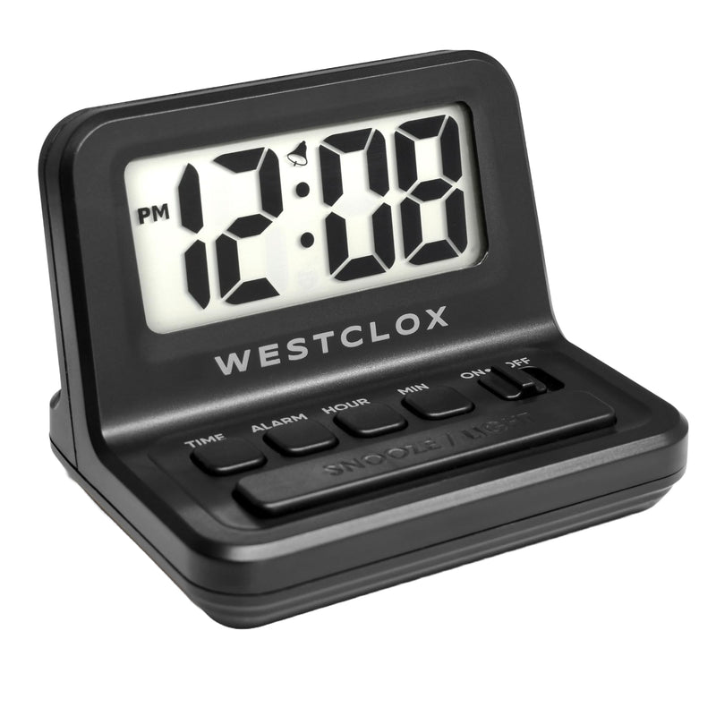 Westclox LCD Digital Bedside Alarm Clock with White Backlit Display and Snooze Function, Battery Operated, (Black, 3-Inch) Black