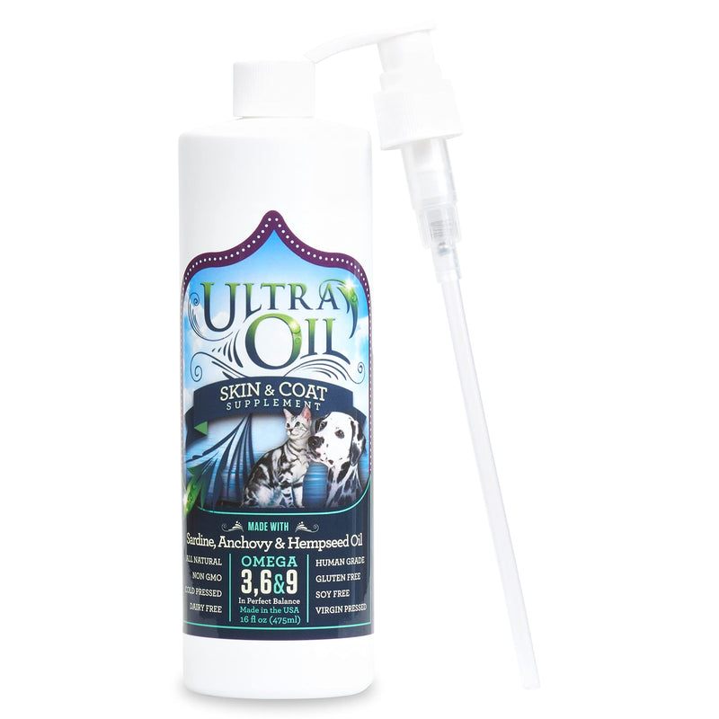 Ultra Oil Skin & Coat Supplement for Dogs & Cats with Hemp, Flaxseed, Grape Seed, Fish Oils - 16oz - PawsPlanet Australia