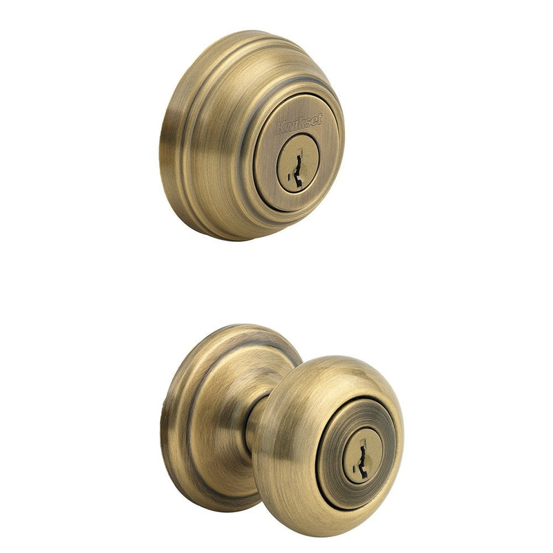 Kwikset Juno Keyed Entry Door Knob and Single Cylinder Deadbolt Combo Pack with Microban Antimicrobial Protection featuring SmartKey Security in Antique Brass, 99910-033 1 Pack