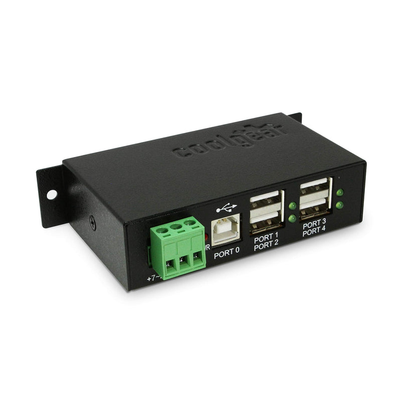Coolgear Industrial 4-Port Powered USB 2.0 Hub with Port Status LEDs, Metal Housing, 7-24 VDC Input, Wall and DIN-Rail Mountable, PC & Mac Compatible Hub Only