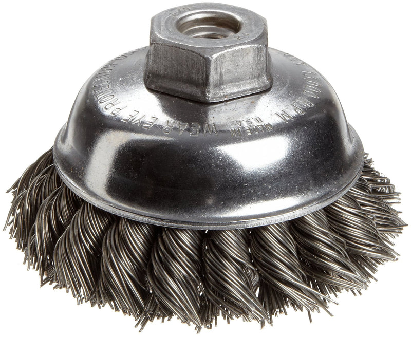 Weiler 13153 3-1/2" Single Row Knot Wire Cup Brush, .023" Steel Fill, 3/8"-24 UNF Nut, Made in the USA 3-1/2" Dia .023" Wire Size x 7/8" Trim Length