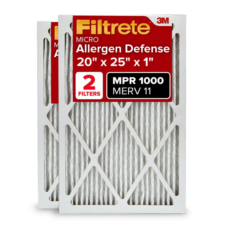 Filtrete 20x25x1 AC Furnace Air Filter, MERV 11, MPR 1000, Micro Allergen Defense, 3-Month Pleated 1-Inch Electrostatic Air Cleaning Filter, 2 Pack (Actual Size 19.688 x 24.688 x 0.84 in) 20 x 25 x 1