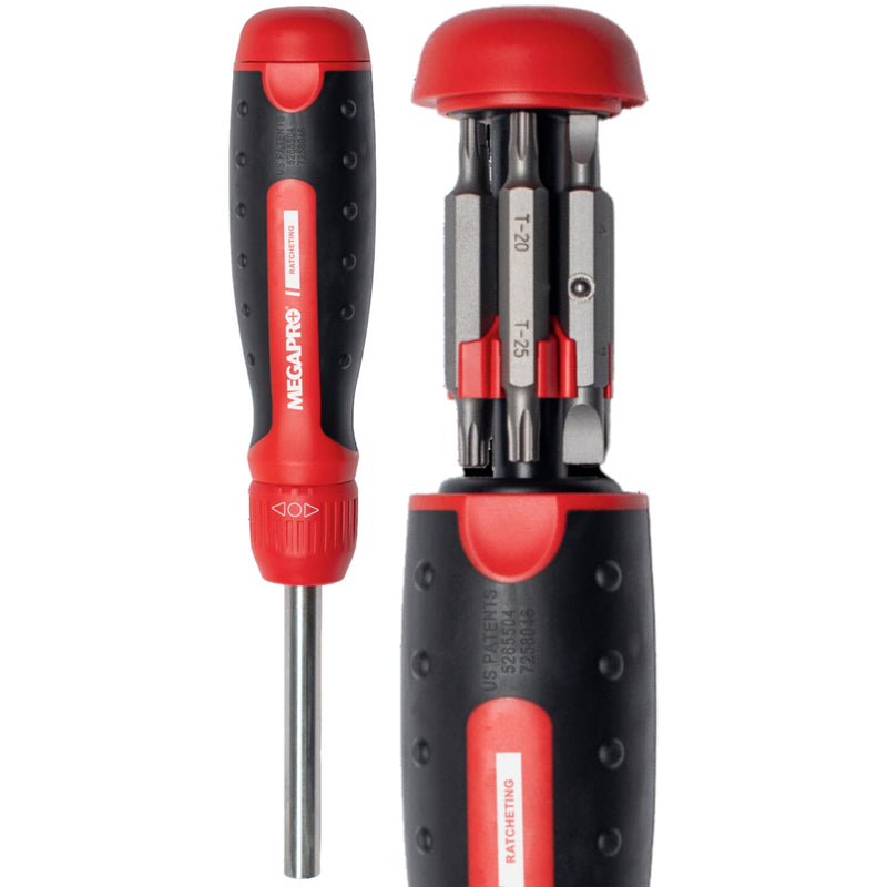 Ratcheting Screwdriver - 13-in-1 Multi Bit Screw Driver w/ ¼" Hex Shaft for Phillips, Star, Flat, Square Bit - Ratchet Screwdriver w/Retractable Cartridge - Multi Screwdriver Red