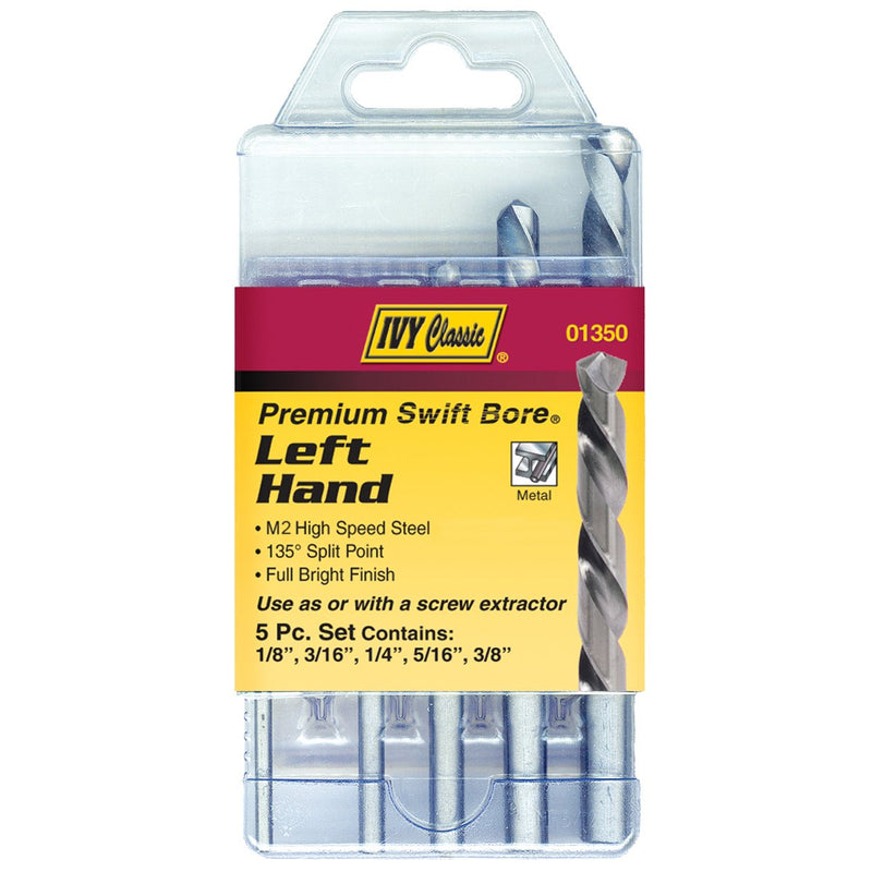 IVY Classic 01350 5-Piece Left Hand Drill Set, M2 High-Speed Steel, 135-Degree Point, Sturdy Plastic Case 5-Piece Set