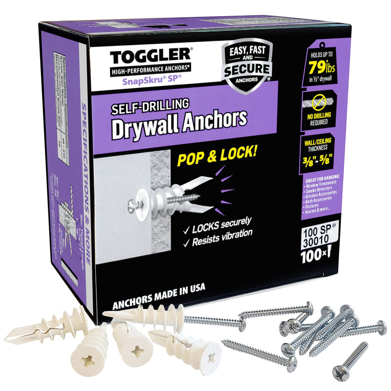 TOGGLER SnapSkru SP Self-Drilling Drywall Anchor for Hollow Wall Application, Glass-Filled Nylon, Made in US, for #6 to #10 Fastener Sizes 100 Pack w/ Screws