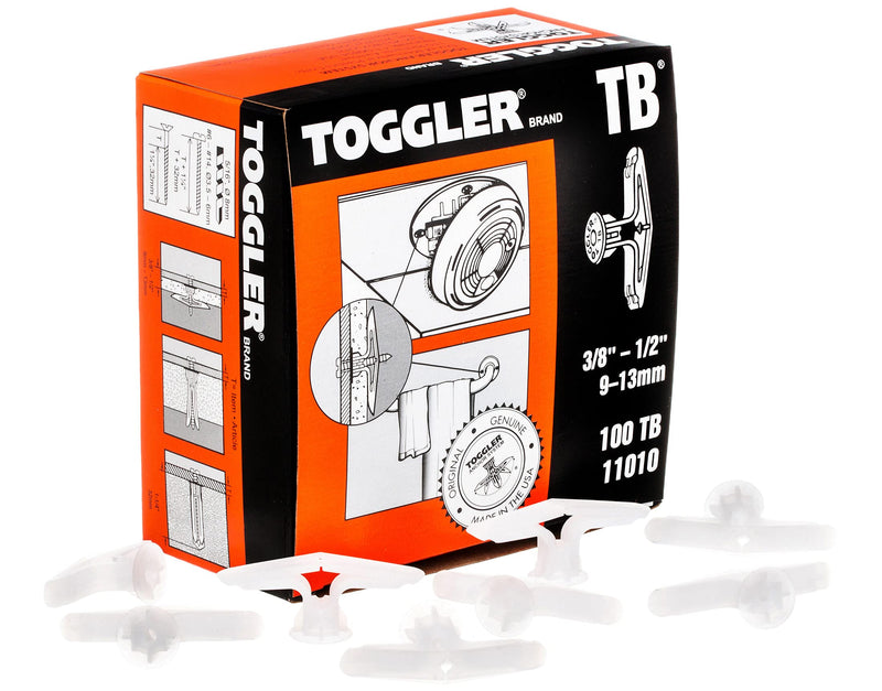TOGGLER Toggle TB Residential Drywall Anchor, Polypropylene, Made in US, 3/8" to 1/2" Grip Range, For #6 to #14 Fastener Sizes (Pack of 100) Pack of 100