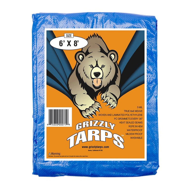 Grizzly Tarps by B-Air 6' x 8' Large Multi-Purpose Waterproof Heavy Duty Poly Tarp with Grommets Every 36", 8x8 Weave, 5 Mil Thick, for Home, Boats, Cars, Camping, Protective Cover, Blue 6' x 8'