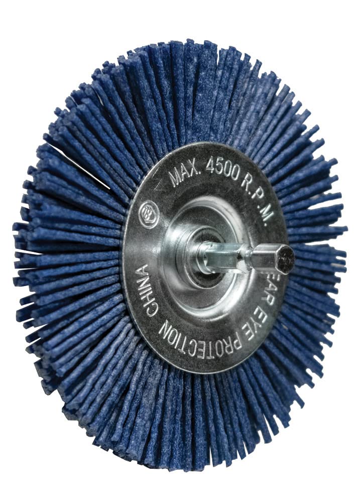 Century Drill & Tool 77443 4" Fine Nylon Radial Brush, 150 Grit, 1/4" Quick Change Shank, 4,500 RPM - Nylon Bristles for Metal, Wood, Plastic, Masonry