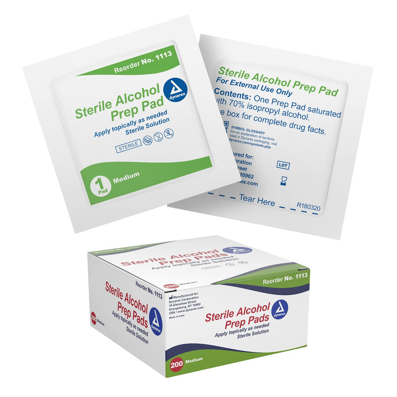 Dynarex 1113 Alcohol Prep Pad Sterile, Medium, Count 200 (Pack of 1) 200 Count (Pack of 1)