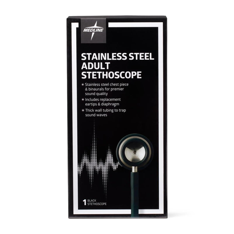 Medline Elite Adult Stainless Steel Stethoscope, Black, High Acoustic Sensitivity