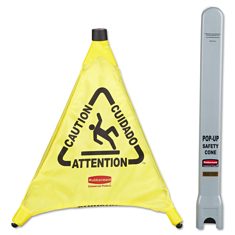Rubbermaid Commercial Products Multilingual "Wet Floor" Pop-Up Floor Cone, 20-Inch, Yellow, Warning Sign for Grocery Stores/Office/Restaurant/Malls Pop-Up Cones 20 IN
