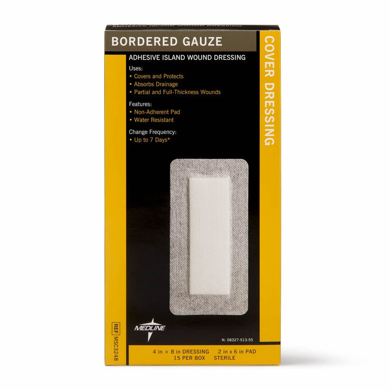Medline Sterile Bordered Gauze, 4" x 8" with 2" x 6" Pad (Pack of 15) 4" x 8" (2" x 6" Pad)