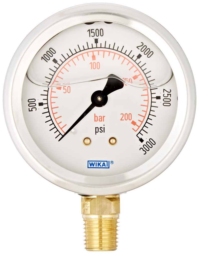 WIKA 9692105 Industrial Pressure Gauge, Liquid/Refillable, Copper Alloy Wetted Parts, 2-1/2" Dial, 0-3000 psi (bar) Range, +/- 2/1/2% Accuracy, 1/4" Male NPT Connection, Bottom Mount