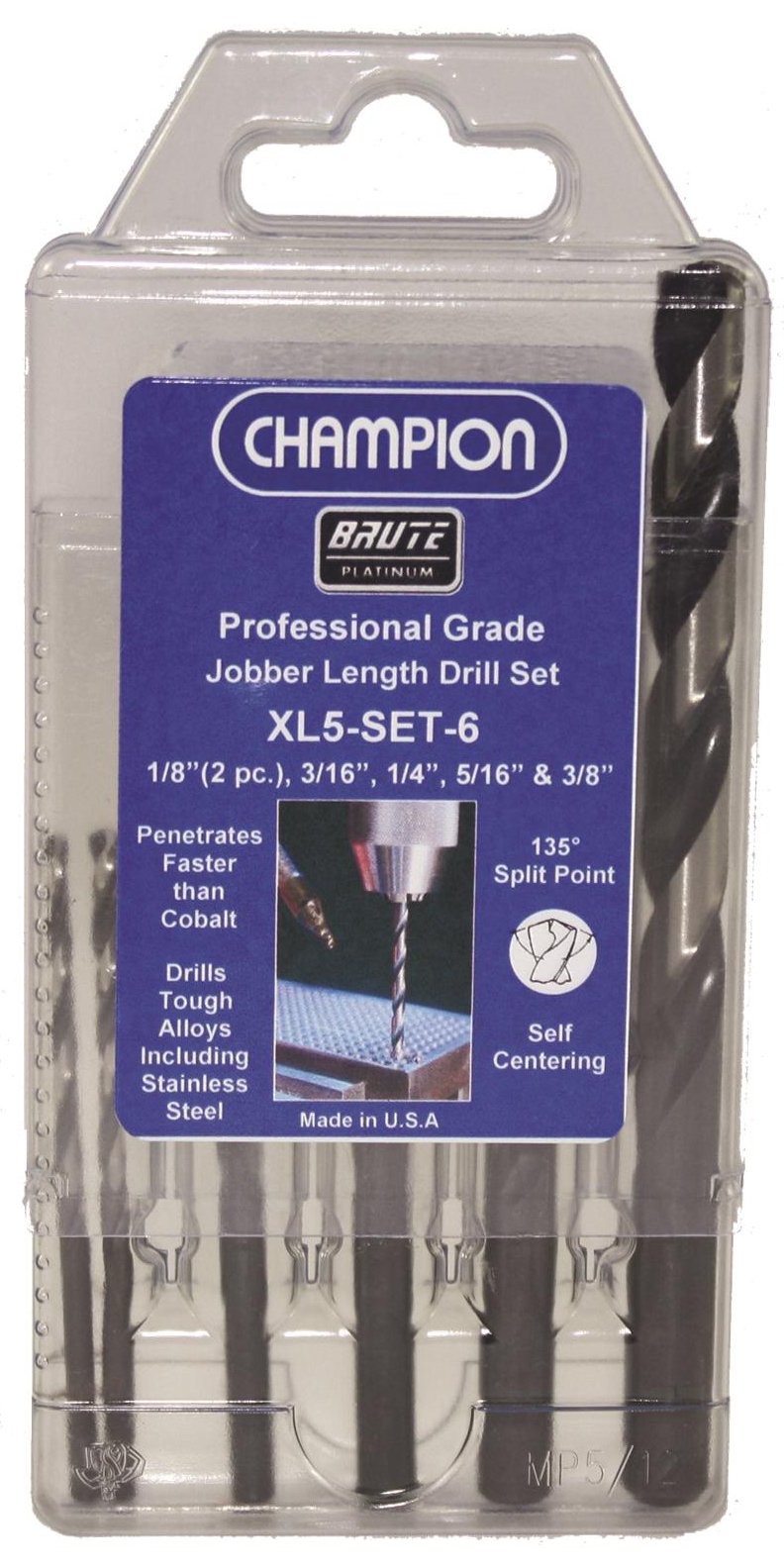 Champion Cutting Tool XL5-SET-6 Brute Platinum Jobber Length Twist Drill Set, 6-Piece